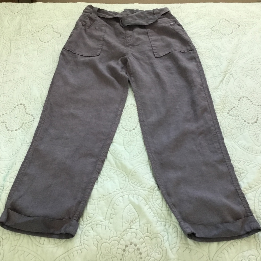 Tahari, grey, women’s size L, belted, linen, high rise, cuffed hem ankle pants